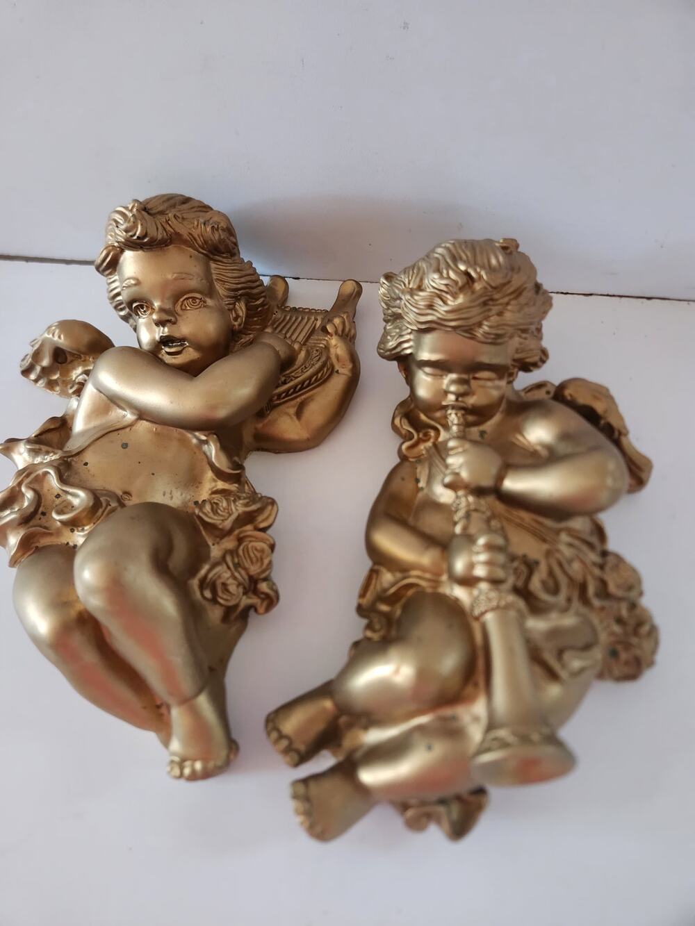 Set (2) Vtg MCM Angel Cherubs Victorian Gold-Tone Wall Hollywood Regency 1965